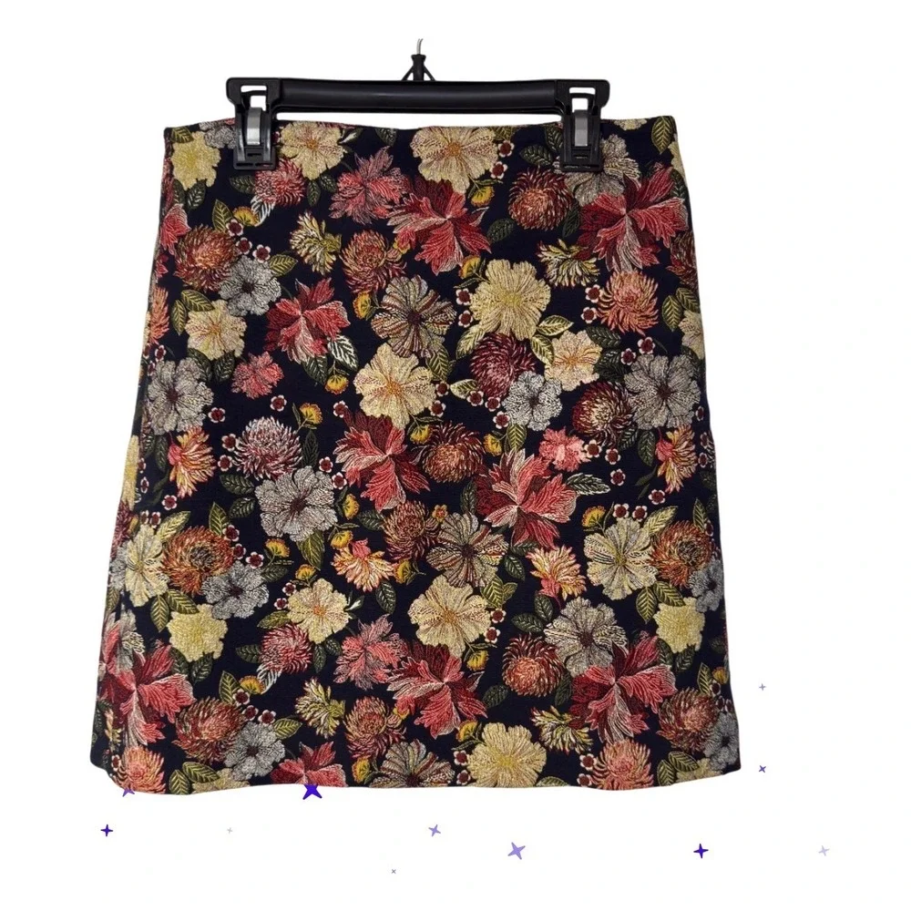 Loft Floral Tapestry Mini Skirt Size 0 Navy Multi Jacquard A-Line